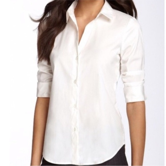 Theory Dallisa Button Up White Blouse with ruched sleeves large - Picture 1 of 5